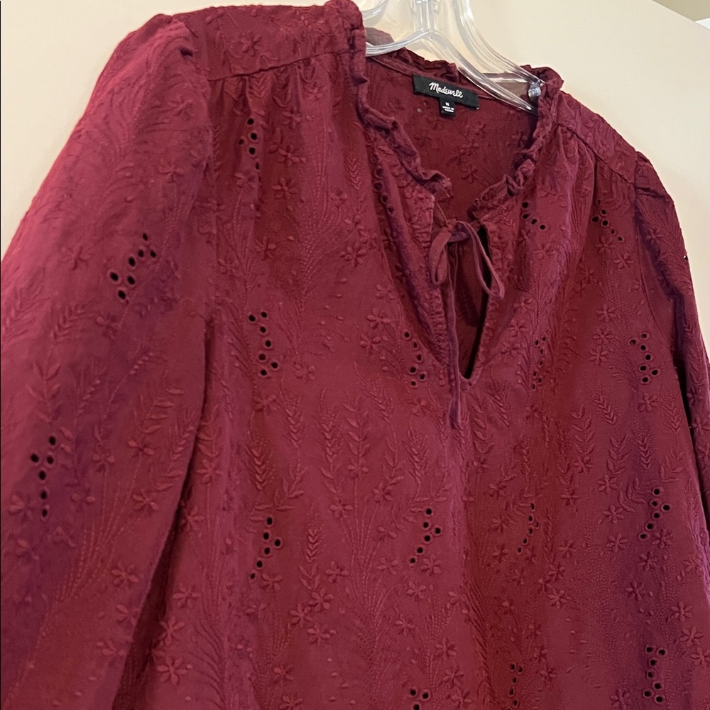 Madewell Wine Eyelet Long-Sleeve Peasant Blouse